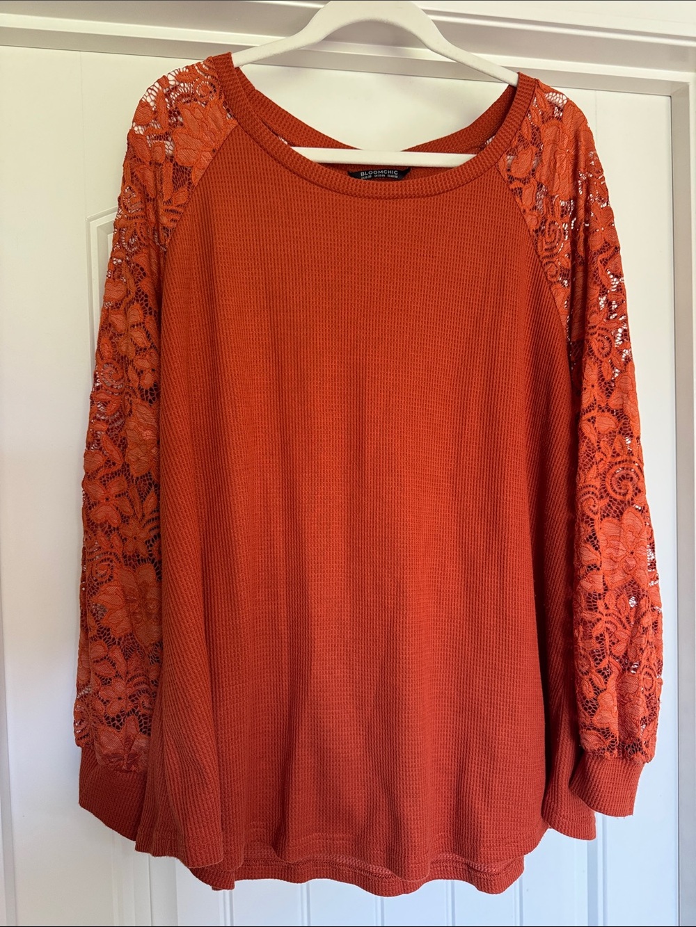 BloomChic Orange Lace Sleeve Waffle Knit Top